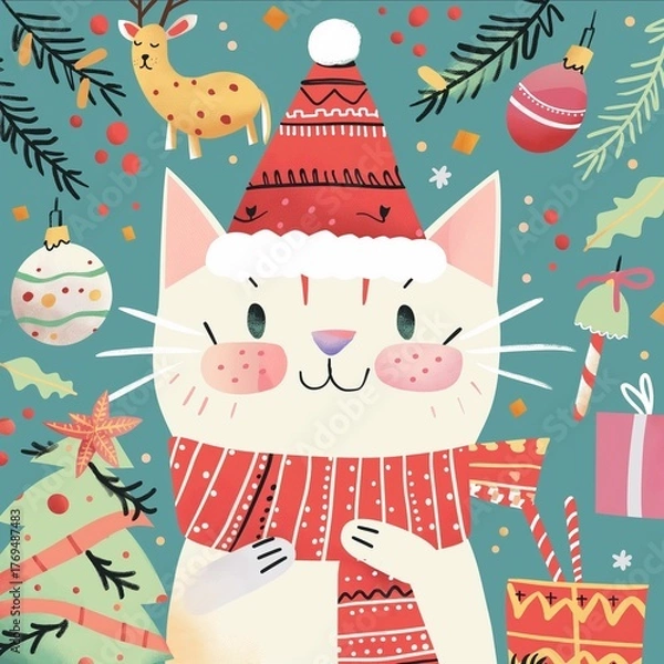Fototapeta サンタの帽子とマフラーをした可愛い白猫のクリスマスカード
