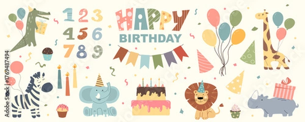 Fototapeta Cute safari animals  set with birthday party design elements, such as cake, balloons, gifts, hats, numbers. Kids festive charakters