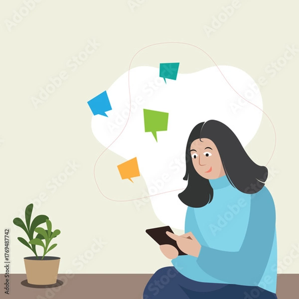Fototapeta A girl watching social media or chatting on phone, mobile addiction abstract vector,  a person scrolling social media, browsing while sitting, walking, speech bubble around her