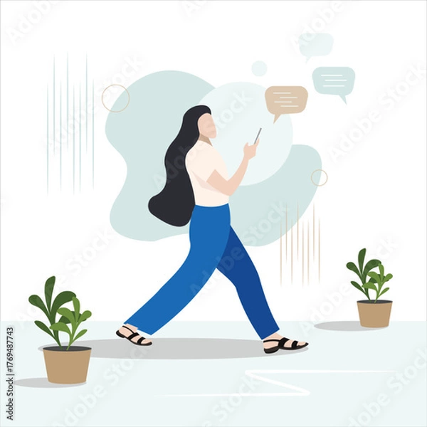 Fototapeta A girl watching social media or chatting on phone, mobile addiction abstract vector,  a person scrolling social media, browsing while sitting, walking, speech bubble around her