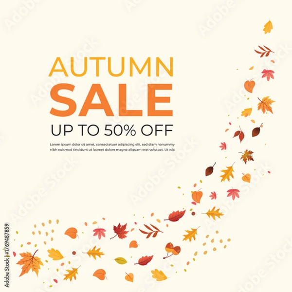 Fototapeta Set of Fall leaves, leaves falling during fall, autumn season yellow  and orange leaves, Autumn sale, up to 30, 40, 50% off, theme background, clean premium vector layout