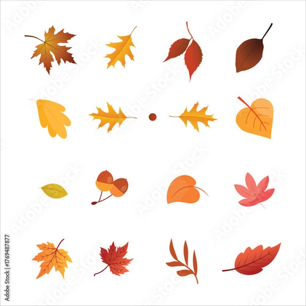 Fototapeta Set of Fall leaves, leaves falling during fall, autumn season yellow  and orange leaves, Autumn sale, up to 30, 40, 50% off, theme background, clean premium vector layout