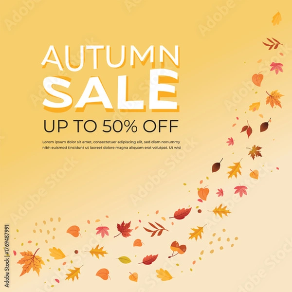 Fototapeta Set of Fall leaves, leaves falling during fall, autumn season yellow  and orange leaves, Autumn sale, up to 30, 40, 50% off, theme background, clean premium vector layout