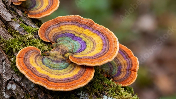 Fototapeta Vibrant, Colorful Turkey Tail Mushrooms Growing on a Mossy Tree Trunk