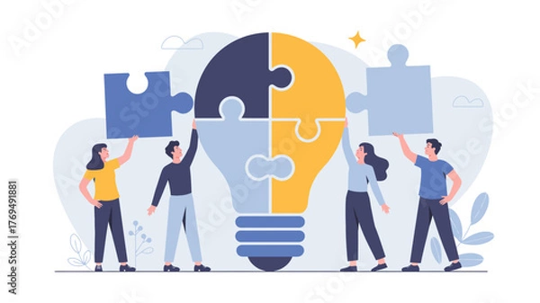 Fototapeta Diverse team of people collaborating to build a giant light bulb puzzle representing shared ideas and innovation