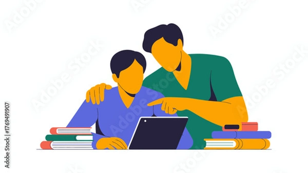 Fototapeta Adult mentor guiding a young student using a tablet computer surrounded by books for learning and education