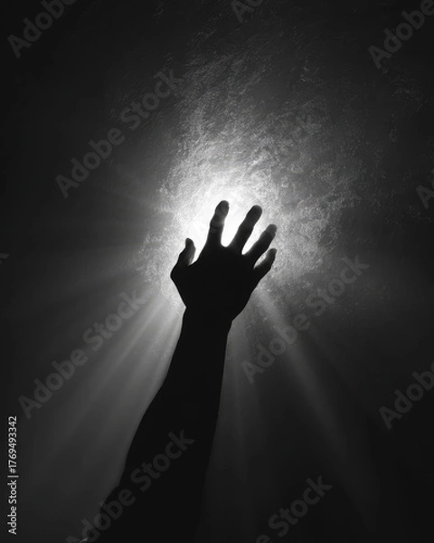 Fototapeta Silhouette of a hand reaching toward a glowing light, symbolizing ambition, hope, and aspiration.