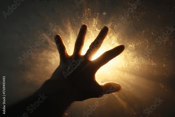 Obraz Silhouette of a hand reaching toward a glowing light, symbolizing ambition, hope, and aspiration.