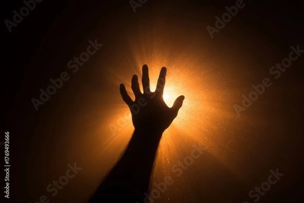 Obraz Silhouette of a hand reaching toward a glowing light, symbolizing ambition, hope, and aspiration.