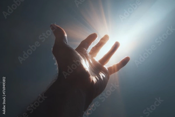 Fototapeta Silhouette of a hand reaching toward a glowing light, symbolizing ambition, hope, and aspiration.