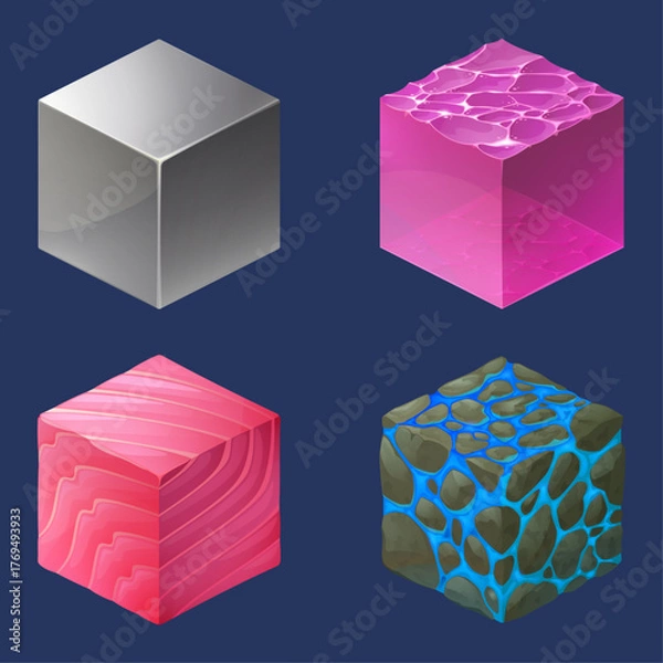 Obraz Four textured cubes displaying different materials like metal, crystal, wood, and stone in a isometric perspective