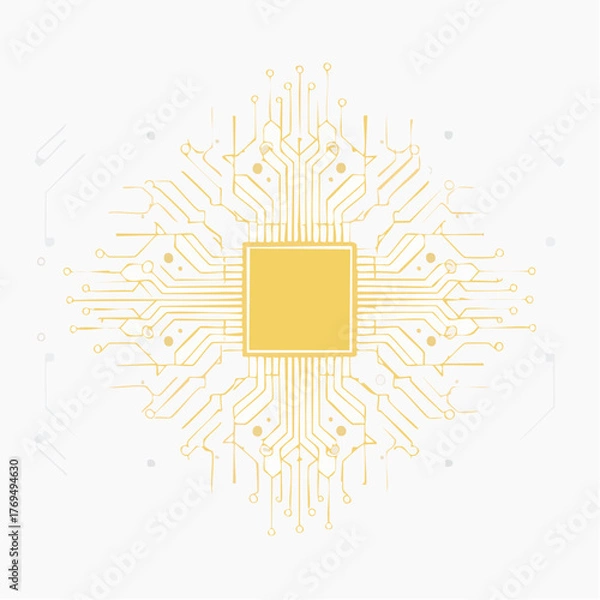 Obraz Yellow Square Microchip on a Detailed Circuit Board Pattern Background technology golden