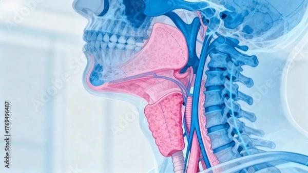 Fototapeta Blue and pink hue X-ray medical image, throat anatomy cross-sectional radiographic view;