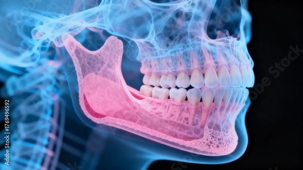 Fototapeta Blue and pink hue X-ray medical image, cross-sectional view of the jaw teeth anatomy through X-ray perspective