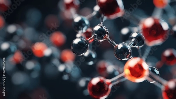 Fototapeta Molecules, 3D model. Atoms, chemical bonds, biomolecules molecular nano structure. Innovation in science, DNA, medicine, education. Chemistry science research, biology, pharmaceuticals biotechnology