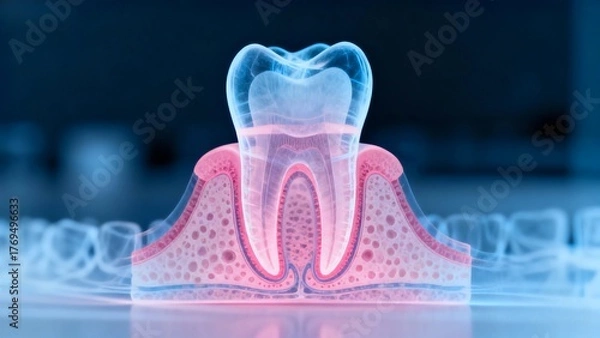 Fototapeta Blue and pink hue X-ray medical image, a tooth dissection cross-sectional radiography.