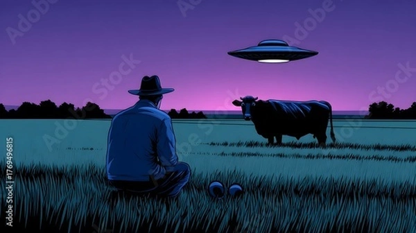Fototapeta A solitary man sits in a grassy field, transfixed by the sight of a glowing unidentified flying object hovering above a herd of cows in the dusky twilight.