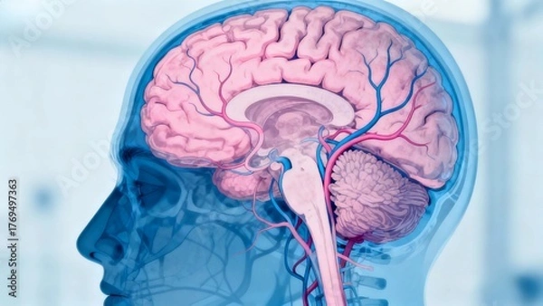 Fototapeta Blue and pink hue X-ray medical image, cross-sectional anatomy of the brain through X-ray