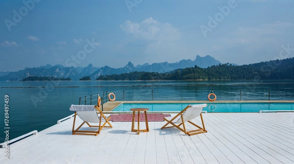 Fototapeta wooden beach chair and coffee table on white raft and swimming pool at waterfront of the open water in natural lake