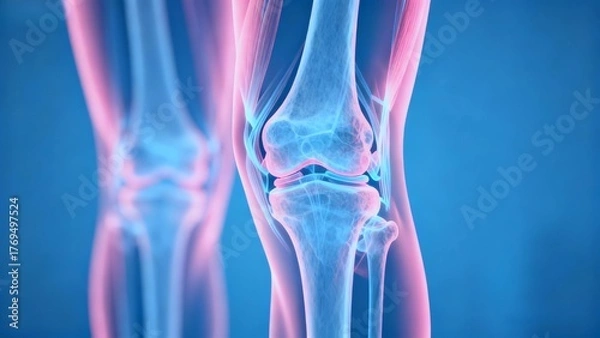 Fototapeta Blue and pink hue X-ray medical image, knee joint anatomical cross-sectional radiography;