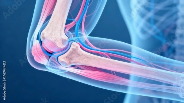 Fototapeta Blue and pink hue X-ray medical image, elbow joint anatomical cross-sectional radiography