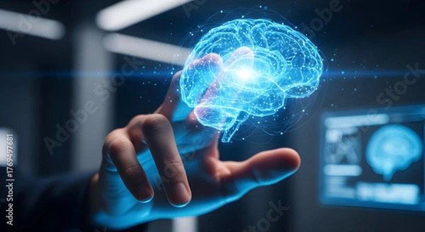 Obraz Human hand interacting with glowing holographic brain, symbolizing AI, neuroscience, innovation, and futuristic technology.