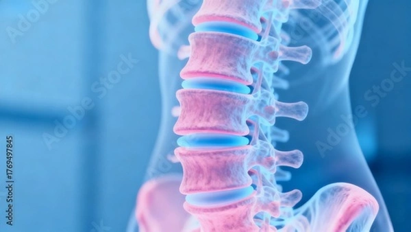 Fototapeta Blue and pink hue X-ray medical image, cross-sectional radiographic anatomy of the spine