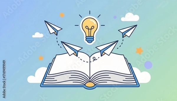 Obraz Educational creativity concept with open book and flying paper planes