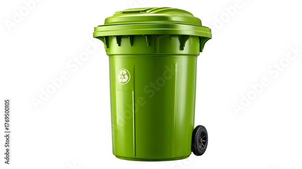 Fototapeta Green recycling bin 3D rendered, matte plastic finish with lid detail, isolated on white background