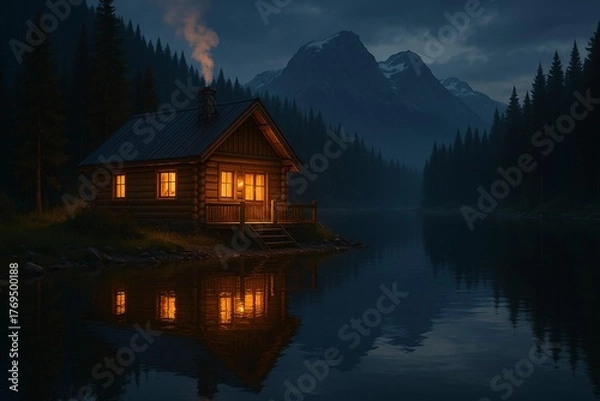 Fototapeta Serene Cabin by a Mountain Lake at Dusk with Glowing Windows and Forest Backdrop