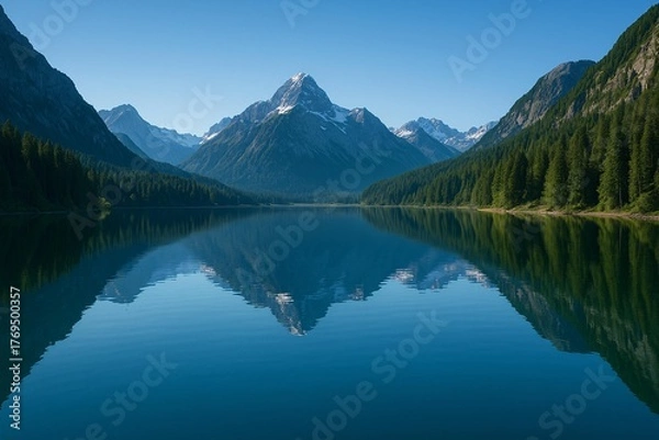Fototapeta Serene Mountain Lake with Forest Reflections and Majestic Peaks