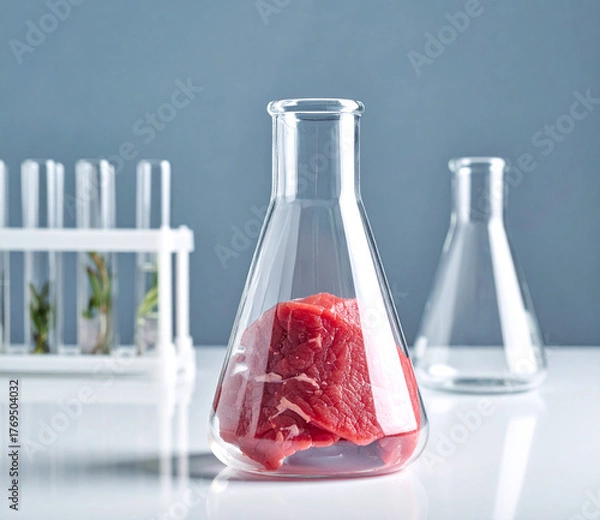 Obraz Cultured meat sample on laboratory table with test tubes