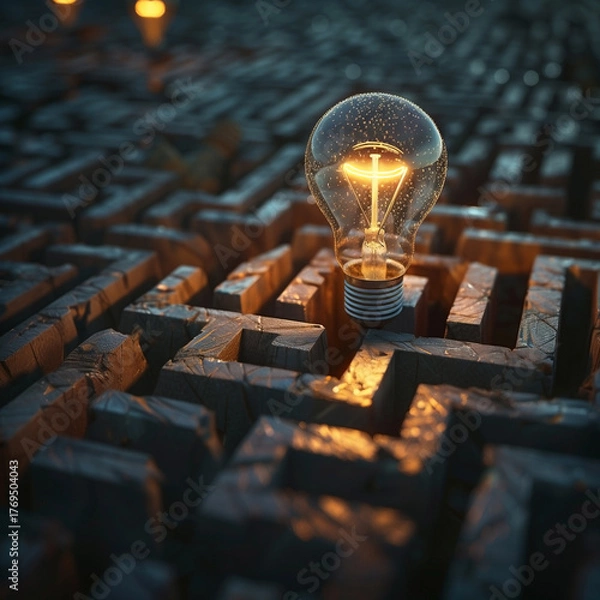 Obraz Glowing light bulb inside complex maze representing discovery