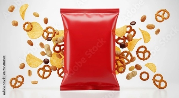 Obraz Blank red foil snack bag centered with an explosion of assorted savory snacks like pretzels, peanuts, and chips around it on a white background.