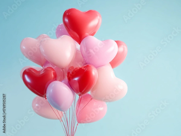 Fototapeta Heart-shaped balloons float together in a cheerful display against a soft blue background