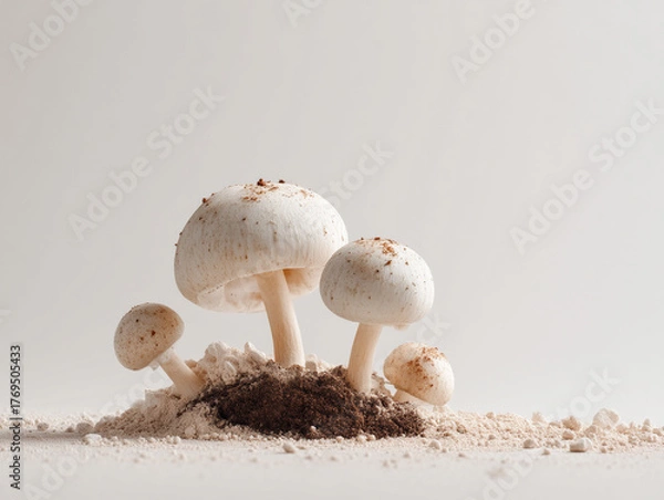 Fototapeta Mushrooms growing on soil with fine ground flour creating a unique culinary presentation