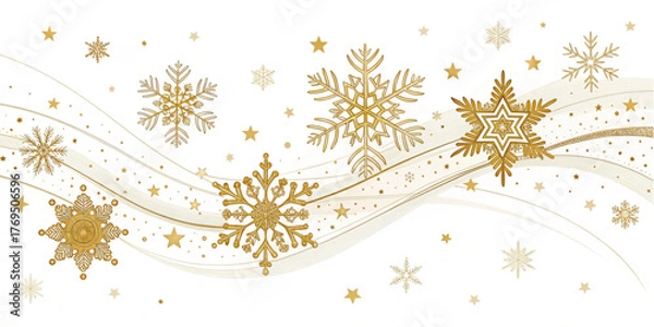 Fototapeta Elegant festive background with golden snowflakes and stars on white backdrop