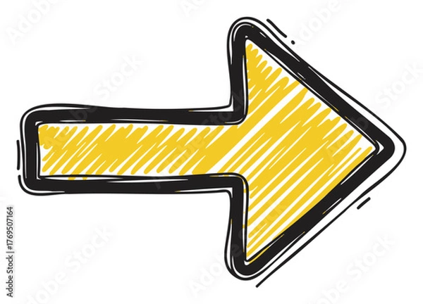 Obraz Hand-drawn yellow right-facing arrow with a black outline, filled with diagonal sketchy lines, conveying direction and movement.