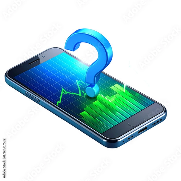 Fototapeta 3D Smartphone with Question Mark and Uptrend Stock Chart, Isolated on Transparent Background