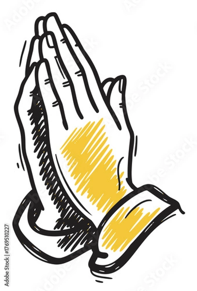 Obraz Colorful sketch of two praying hands positioned together in a gesture of prayer or gratitude, featuring black outlines and yellow shading.