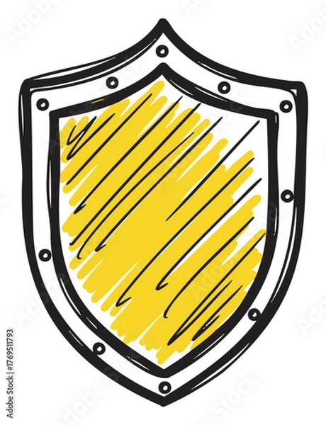 Obraz Hand-drawn shield with a black outline and a yellow scribbled center, featuring circular bolts along the edge.