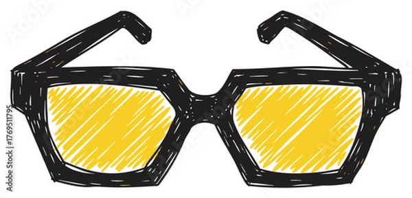Obraz Bold, black rectangular sunglasses with vibrant yellow lenses depicted in a sketchy, hand-drawn style.
