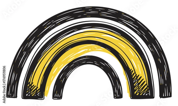 Obraz Hand-drawn black and yellow rainbow with three arches on a white background, conveying a whimsical and playful artistic style.