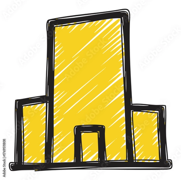 Obraz Sketched outline of a tall, rectangular building with two smaller rectangular sections, filled with a yellow shading.