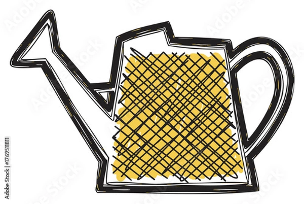 Obraz Black outline drawing of a geometric watering can with a yellow crosshatched pattern in the center, representing gardening tools and outdoor activities.