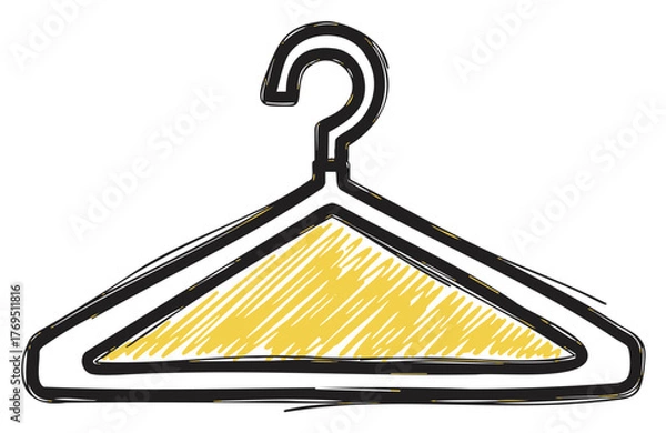 Obraz Black outline sketch of a triangular clothing hanger with a yellow scribble pattern inside, emphasizing simplicity and functionality.