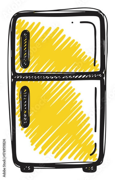 Obraz Hand-drawn sketch of a classic two-door refrigerator with bold yellow shading on the doors, featuring prominent black handles and accents.