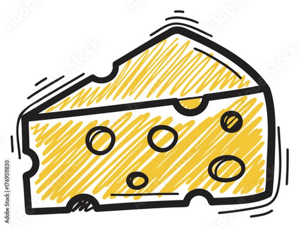 Obraz Yellow wedge of swiss cheese with distinctive holes and bold black outline on a white background.