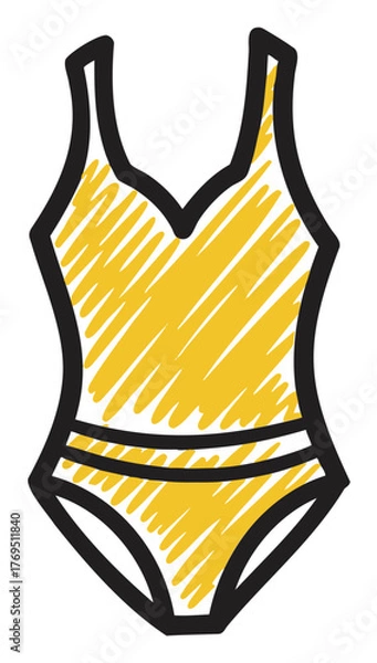 Obraz Black outline vector icon of a simple yellow one-piece swimsuit with a sketched interior. minimal linear style for fashion, summer, and beachwear concepts.