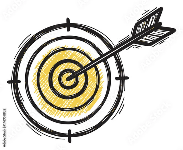 Obraz Hand-drawn target with concentric circles and an arrow hitting the bullseye, symbolizing precision and focus.